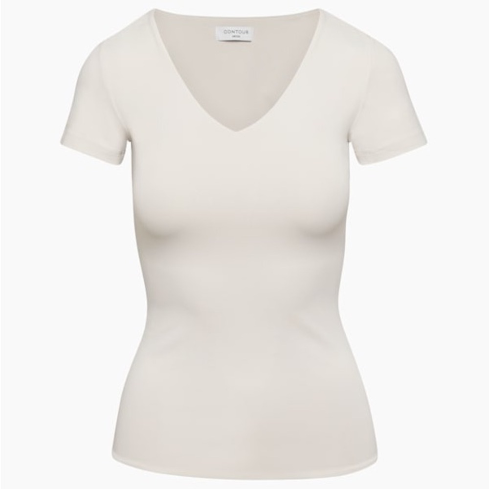 Aritzia Contour V-Neck Hip T-Shirt in Matte Pearl - Women's Cream V-Neck Top
